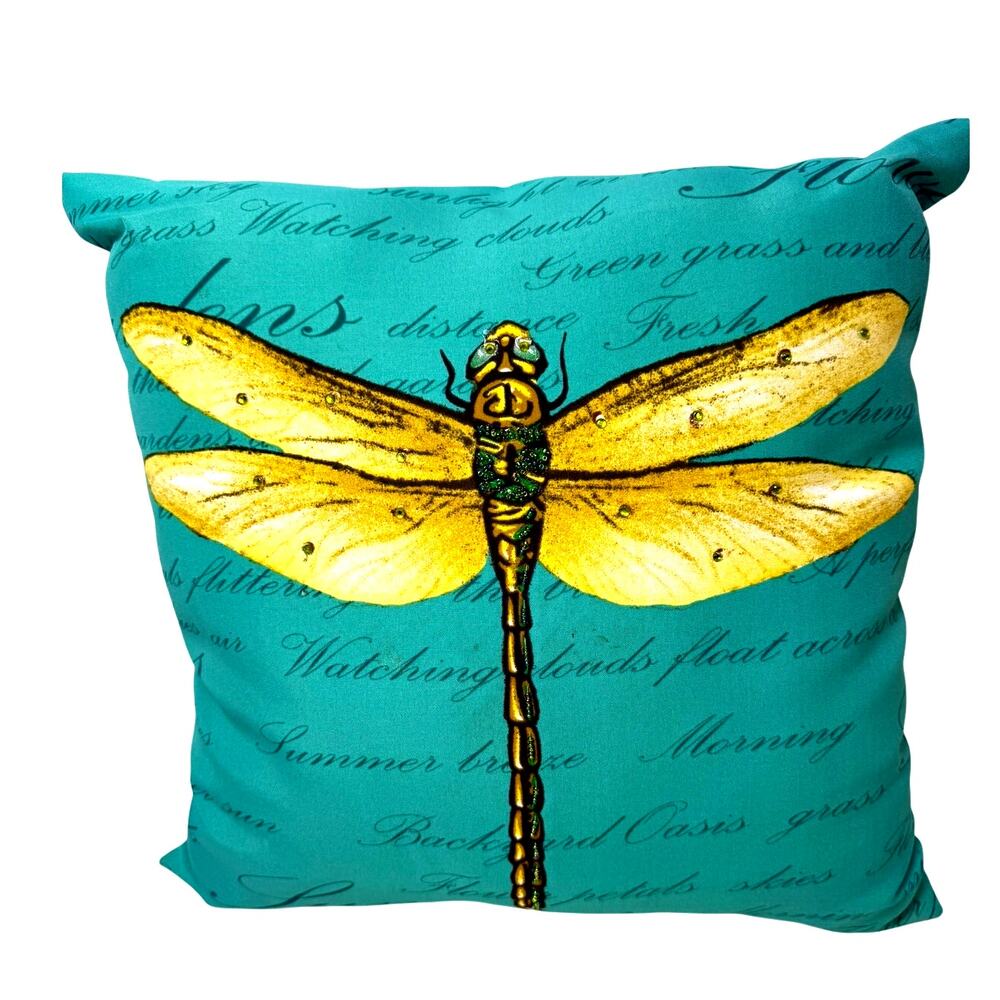 Dragonfly Decorative Throw Pillow 16x16 Teal Yellow Embellished Beaded Jeweled